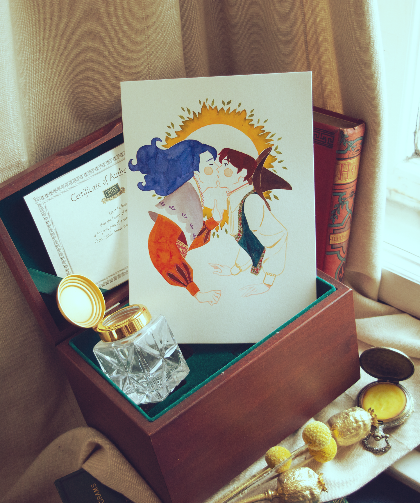 Behind his hat, one wizard kisses another. This illustration is an original art work make with ink on paper, starring the main characters of the webcomic Little Starling by Pearl See.