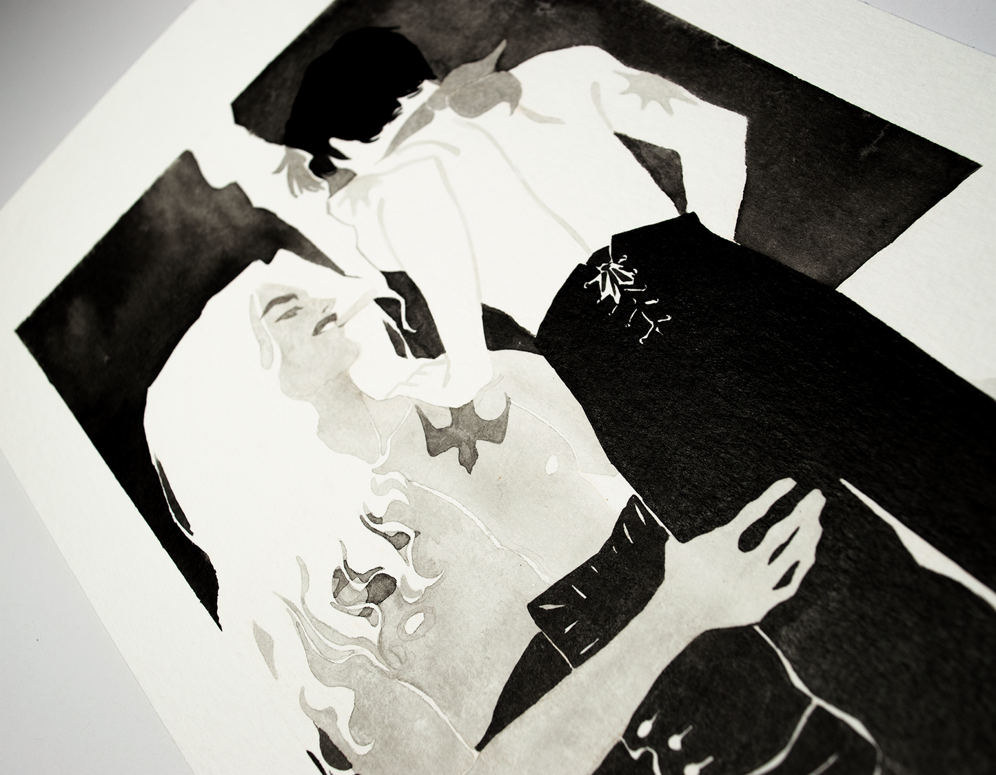 'Bend over my lap.' an original art work make with ink on paper, created for kinktober 2022 starring the main characters of the webcomic Little Starling by Pearl See. It shows Zazu handling Vince in costumes of the opera Billy Budd, close-up.