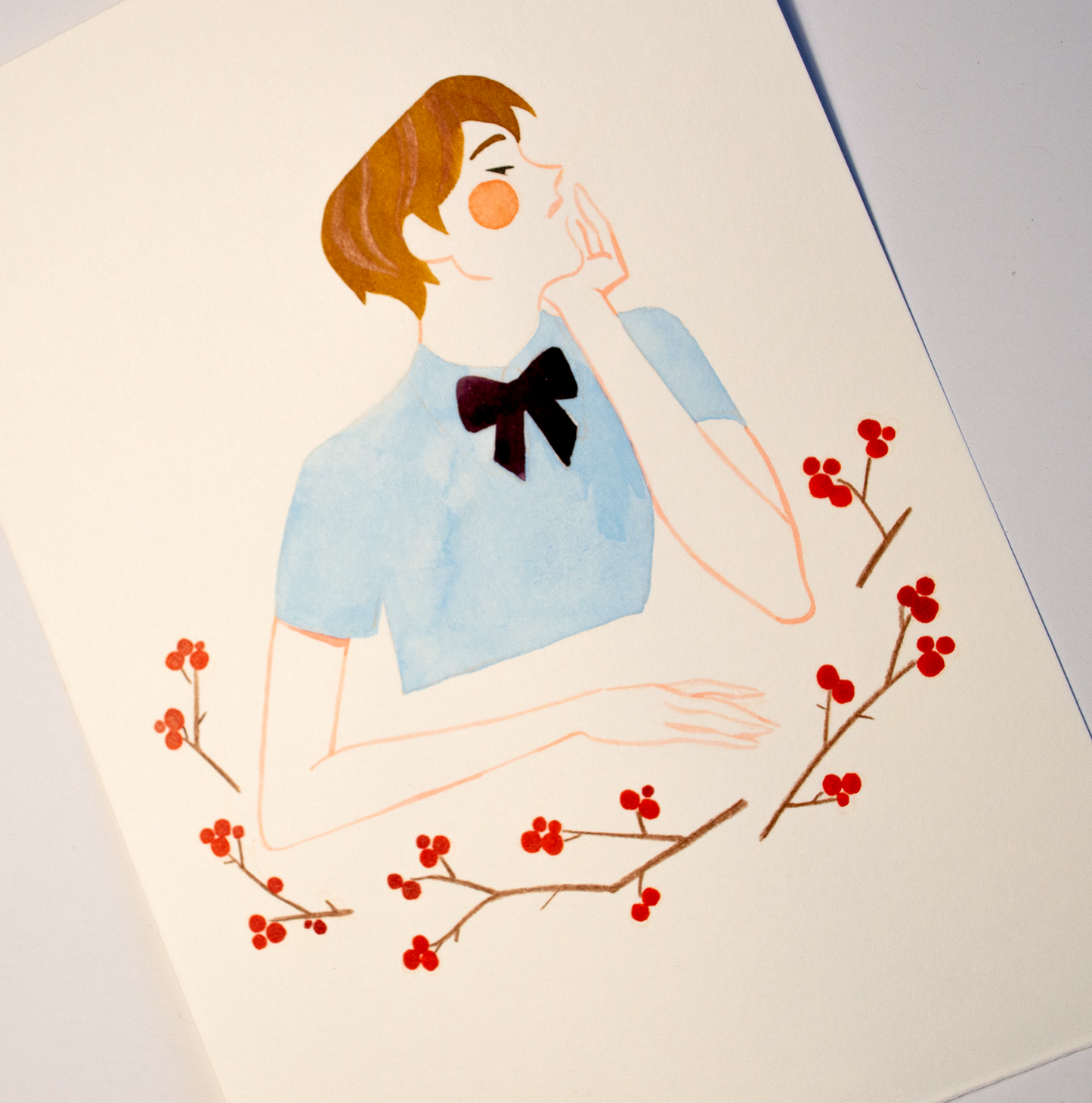 Vince is deep in thoughts in between branches with red berries. This illustration is an original art work make with ink on paper, starring the main characters of the webcomic Little Starling by Pearl See, close-up.