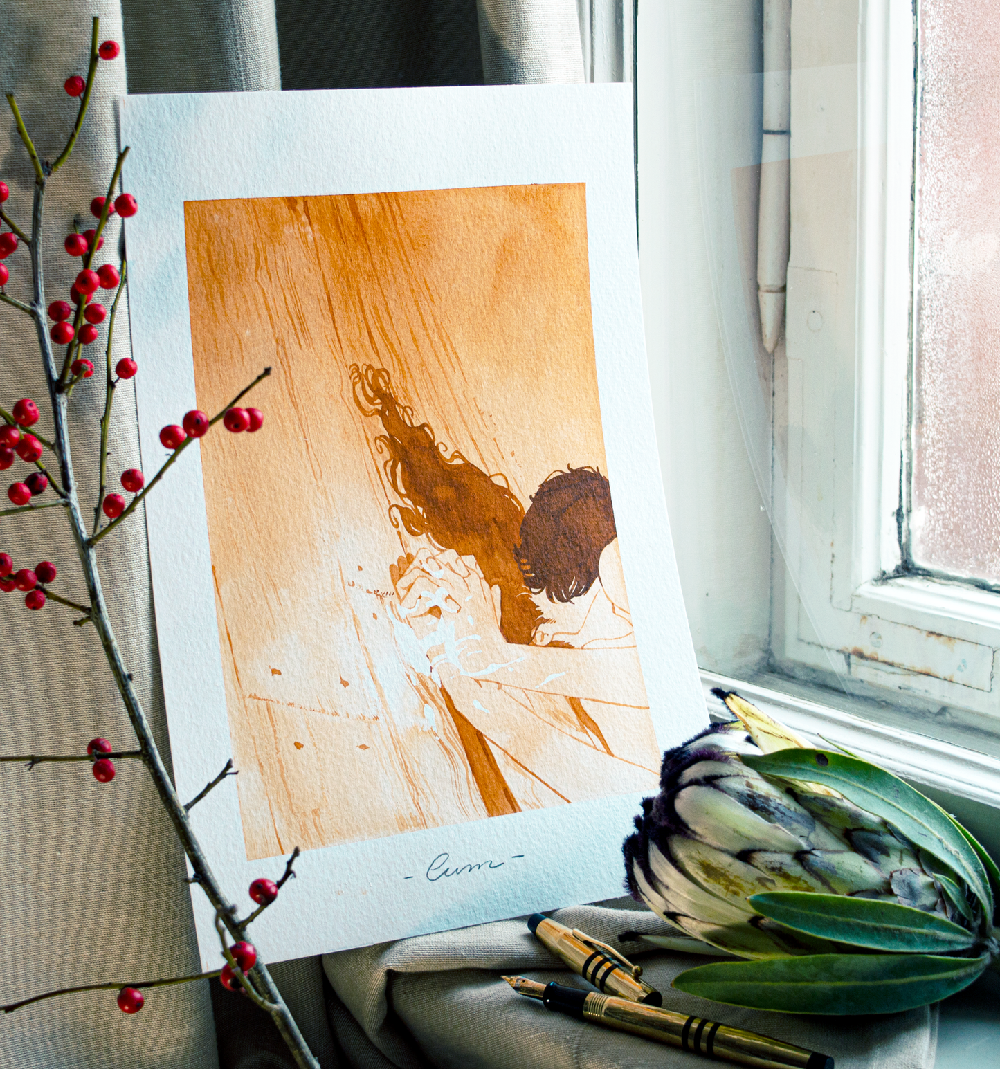 'Cum.' an original art work make with ink on paper, created for kinktober 2022 starring the main characters of the webcomic Little Starling by Pearl See. It shows Vince and Zazu kissing and holding hands after the fun.