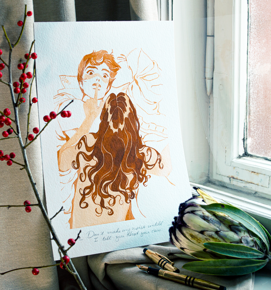 'Don't make any noise untill I tell you that you can.', Zazu hushes, laying a finger on Vinces lips. It is an original art work make with ink on paper, created for kinktober 2022 starring the main characters of the webcomic Little Starling by Pearl See.