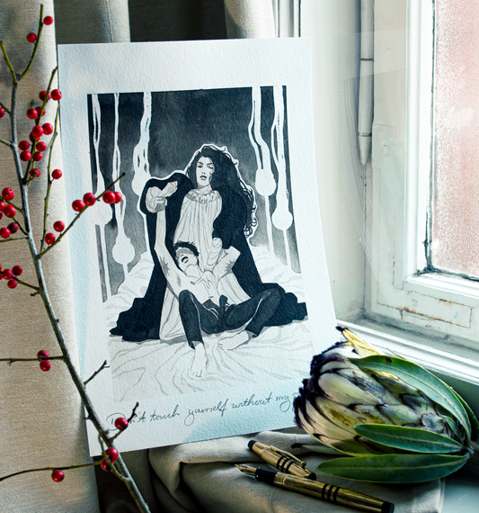 'Don't touch yourself without my permission.' Zazu likes keeping full controll of every situation. It is an original art work make with ink on paper, created for kinktober 2022 starring the main characters of the webcomic Little Starling by Pearl See.