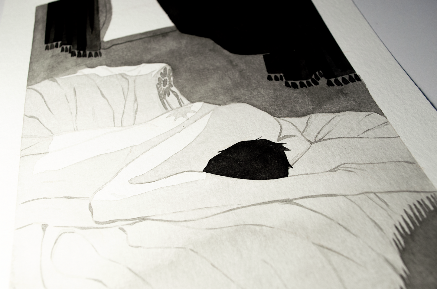 'Do you love sucking on it?', a suporfluos question with all the fun Vince and Zazu have between the props of an empty opera house. It is an original art work make with ink on paper, created for kinktober 2022 starring the main characters of the webcomic Little Starling by Pearl See, close-up.