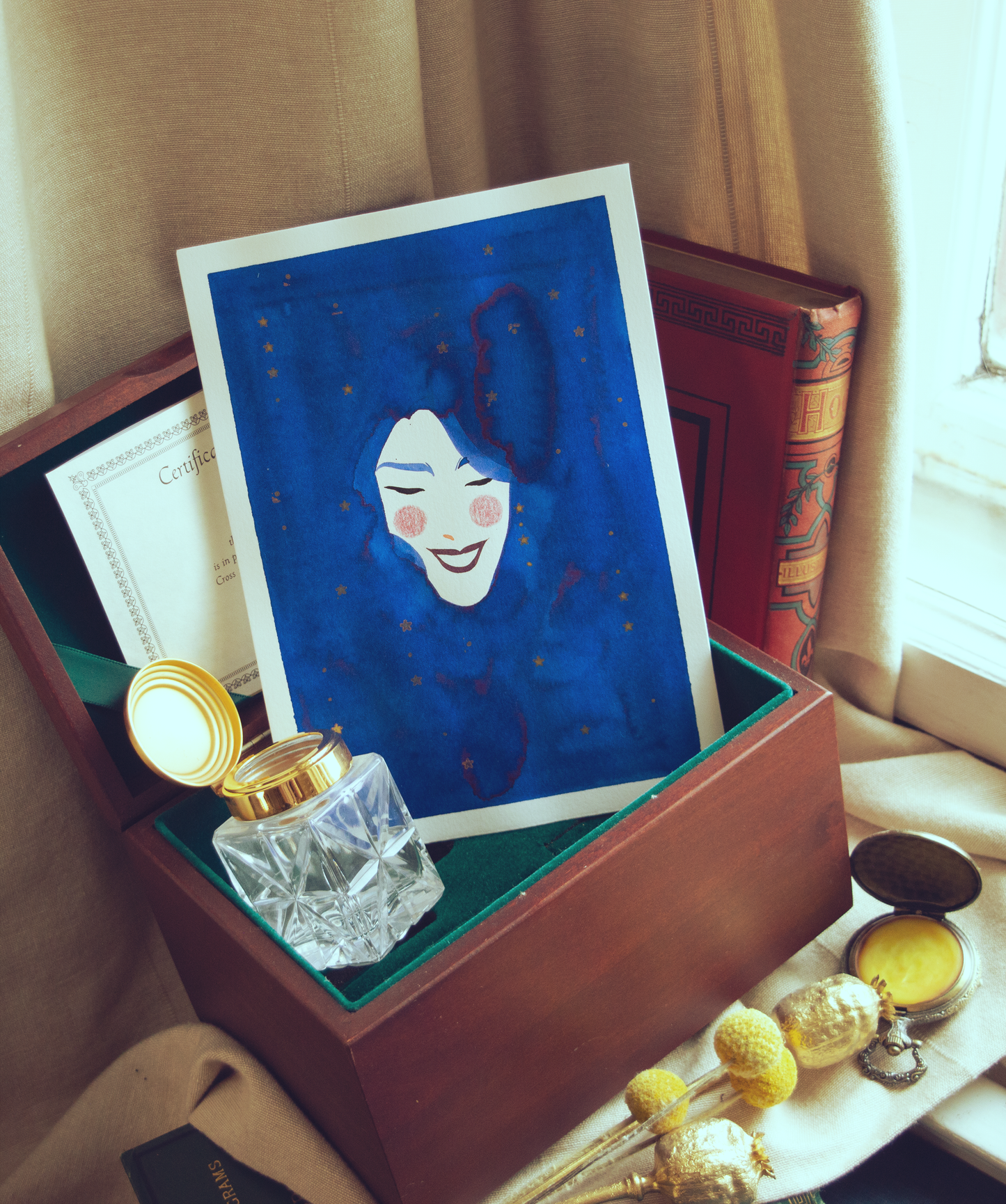 Between the deept blue with sparkling stars, Zazu emerges. This illustration is an original art work make with ink and gold highlights on paper, starring the main characters of the webcomic Little Starling by Pearl See.