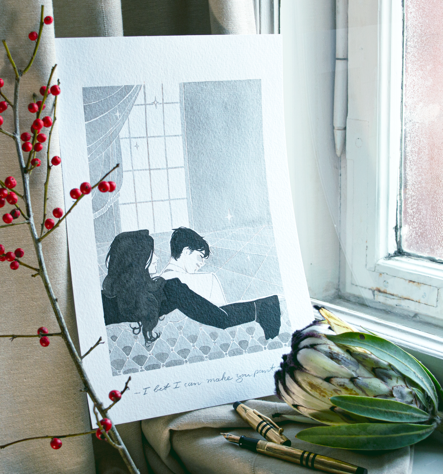 'I bet I can make you pant.' Zazu whispers. Vince laughs as he knows he would lose that bet. It is an original art work make with ink on paper, created for kinktober 2022 starring the main characters of the webcomic Little Starling by Pearl See.