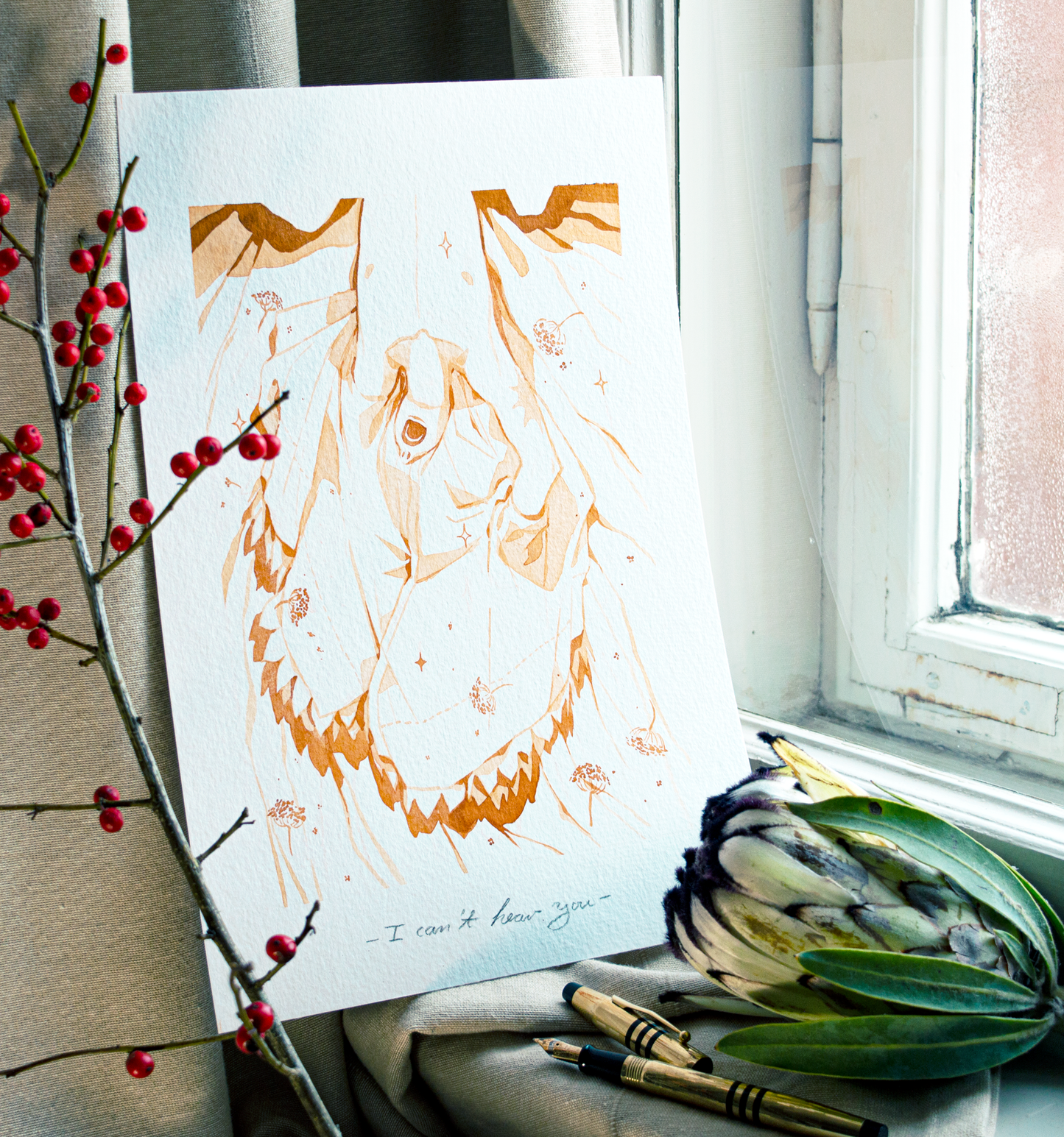 'I can't hear you.' Vince didn't even manage to fully undress and Zazu already hurls commands his way. It is an original art work make with ink on paper, created for kinktober 2022 starring the main characters of the webcomic Little Starling by Pearl See.