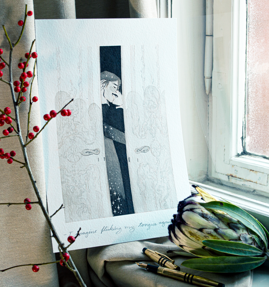 'I imagine flicking my tongue against...' During parties Vince and Zazu find quiet places to whisper intimate thoughts. It is an original art work make with ink on paper, created for kinktober 2022 starring the main characters of the webcomic Little Starling by Pearl See.