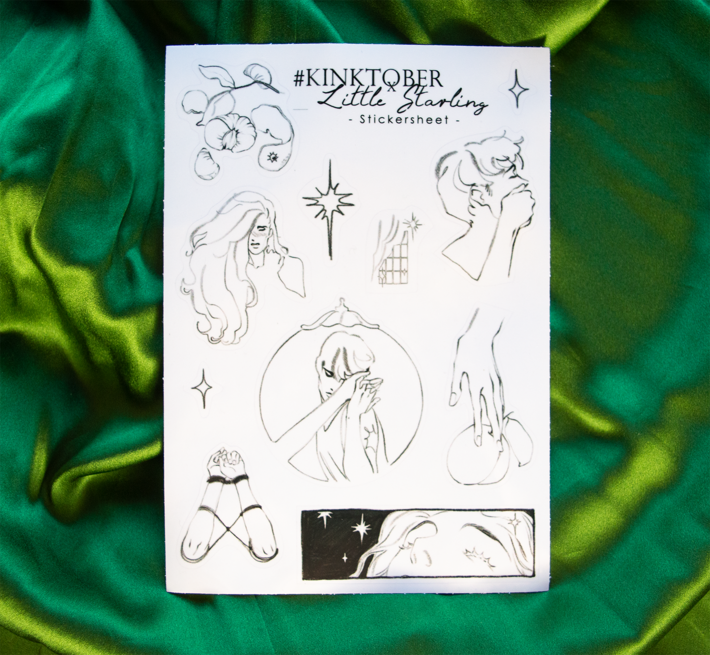 The transparent sticker sheet of a collection of small pencil illustrations from the Kinktober zine.