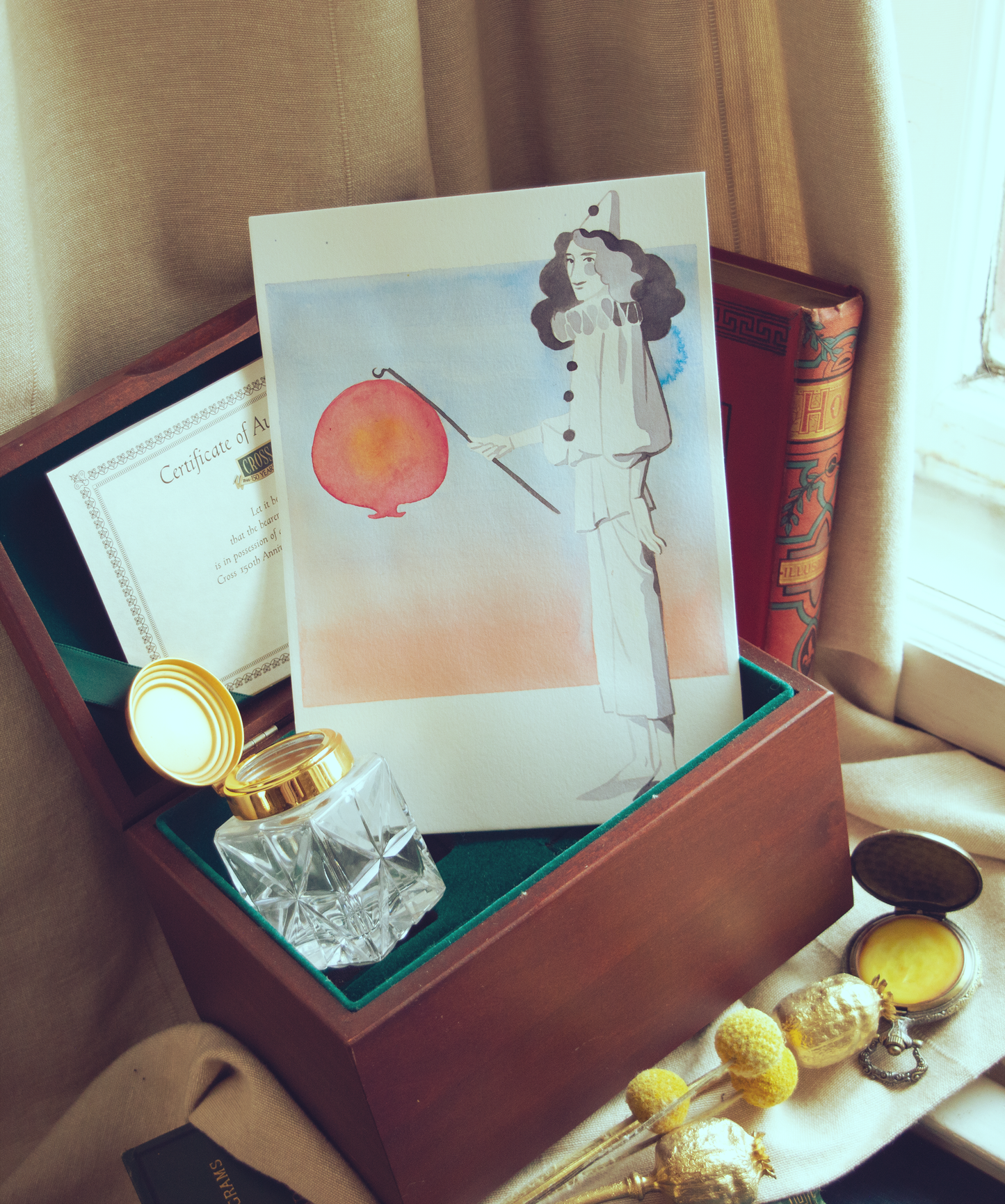 Zazu dressed as pierrot holding a lantern. This illustration is an original art work make with ink on paper, starring the main characters of the webcomic Little Starling by Pearl See.