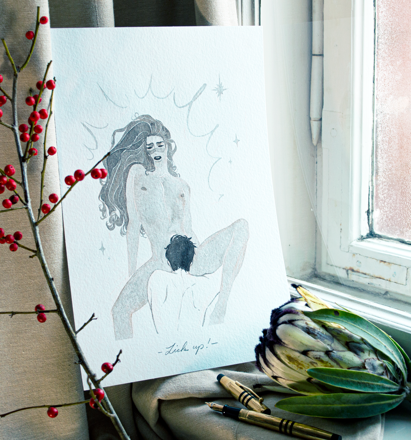 'Lick up!' A still of the best part of Zazu's morning. This illustration is an original art work make with ink on paper, created for kinktober 2022 starring the main characters of the webcomic Little Starling by Pearl See.