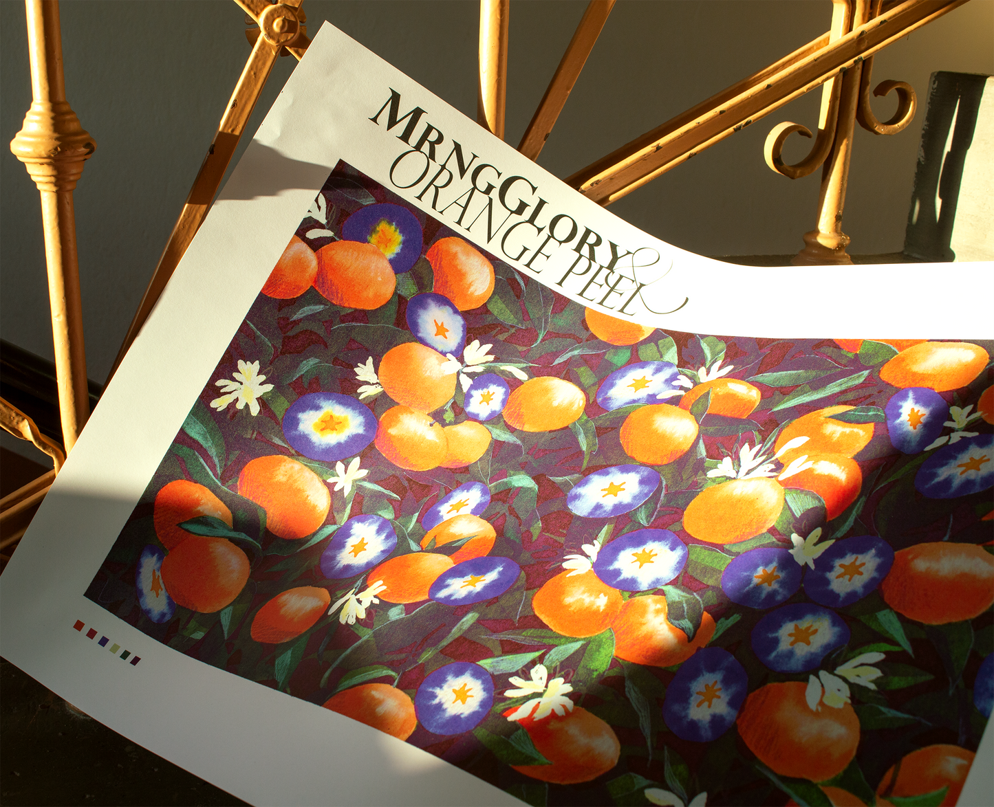 The 'MrngGlory & Orange Peel' Poster lies lush on a staircase, the sun illuminating the oranges and morning glories on it.