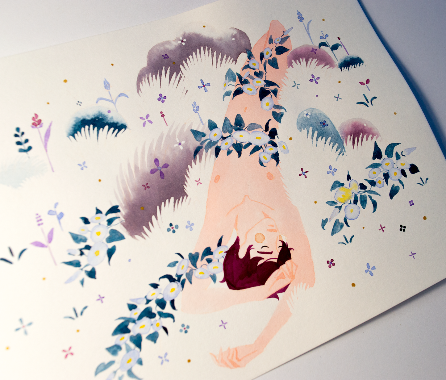 Vince has fallen asleep and the plants claim him as theirs. This illustration is an original art work make with ink and gold hightlights on paper, starring the main characters of the webcomic Little Starling by Pearl See, close-up.