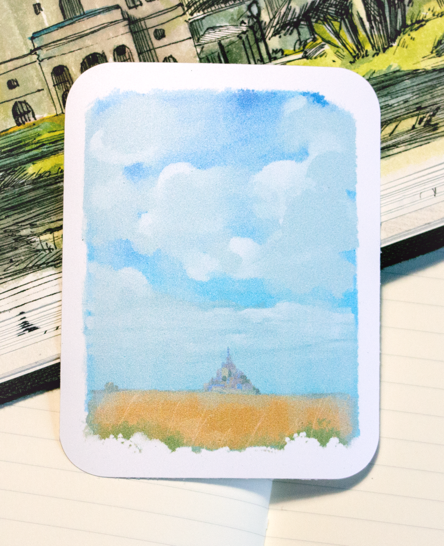 Sticker of Mont-Saint-Michelle in the distance.