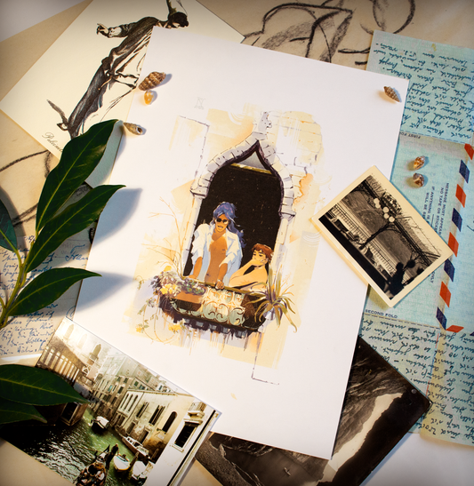 Vince and Zazu on their holiday in Venice. Observing the people and gondolas passing from their window. This  illustrations is a digital print that starrs the main characters of the webcomic Little Starling by Pearl See.