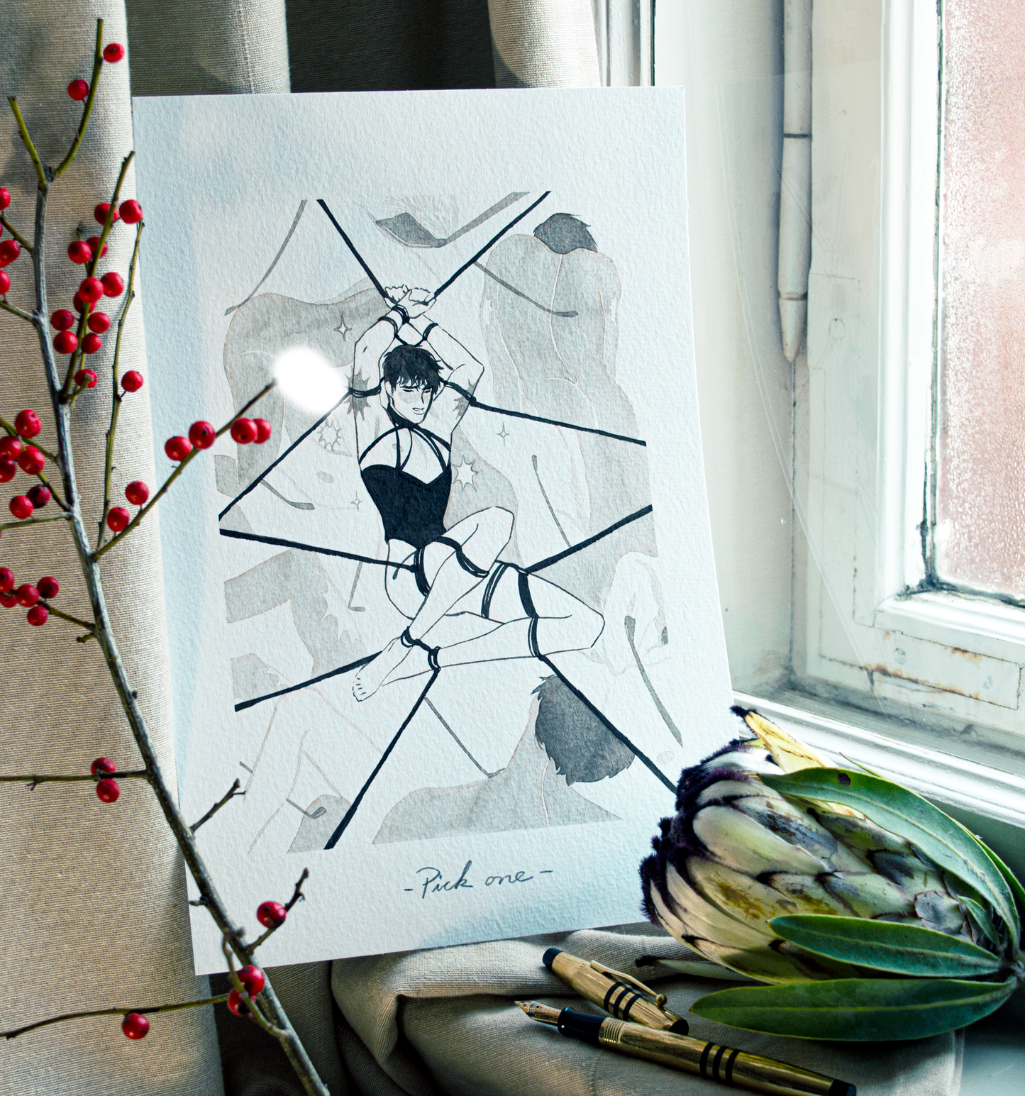 'Pick one.' An impossible command for Vince, tied up like this. This illustration is an original art work make with ink on paper, created for kinktober 2022 starring the main characters of the webcomic Little Starling by Pearl See.