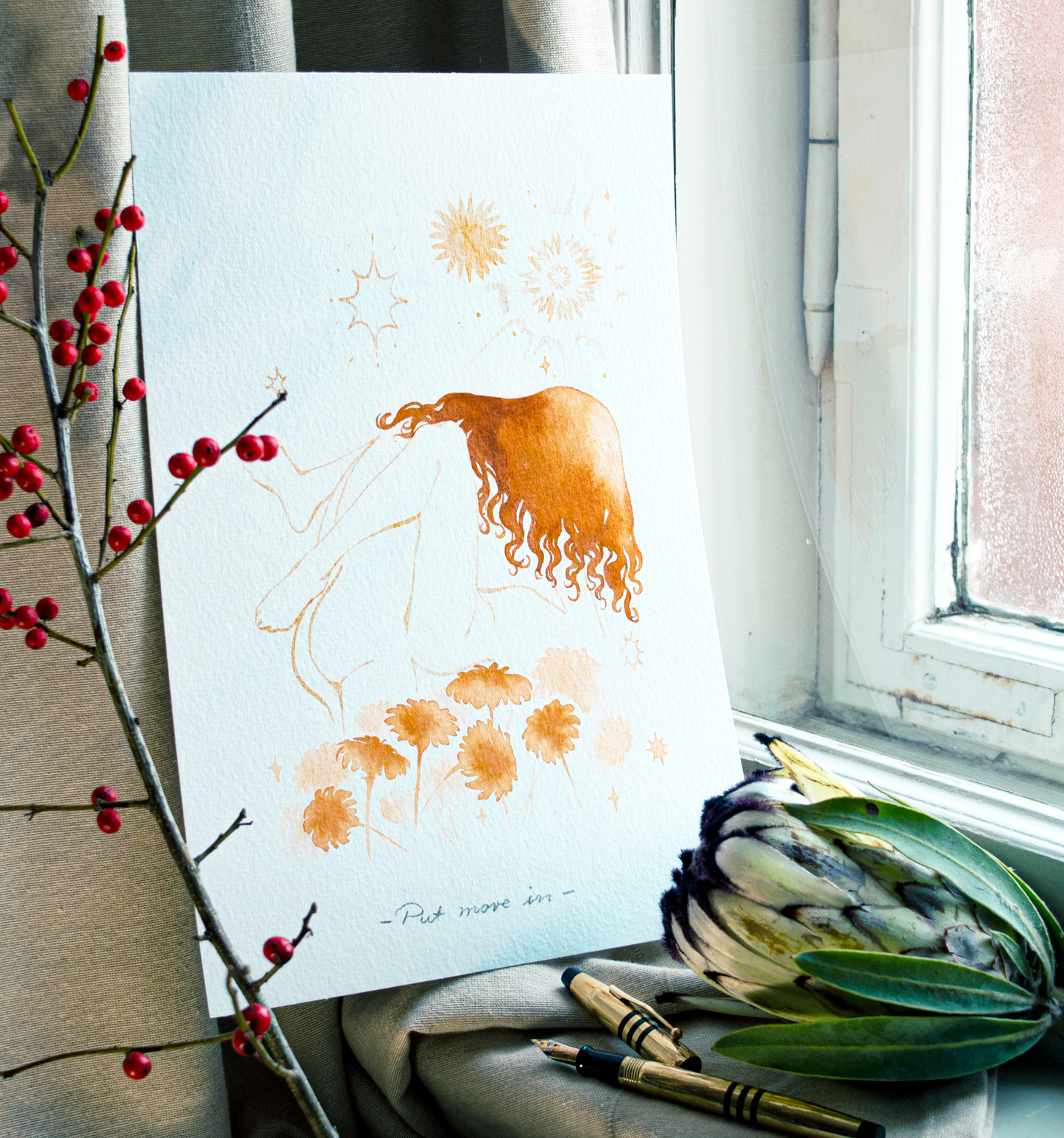 'Put more in.' an original art work make with ink on paper, created for kinktober 2022 starring the main characters of the webcomic Little Starling by Pearl See. It shows one bent over the other amid phantom flowers.