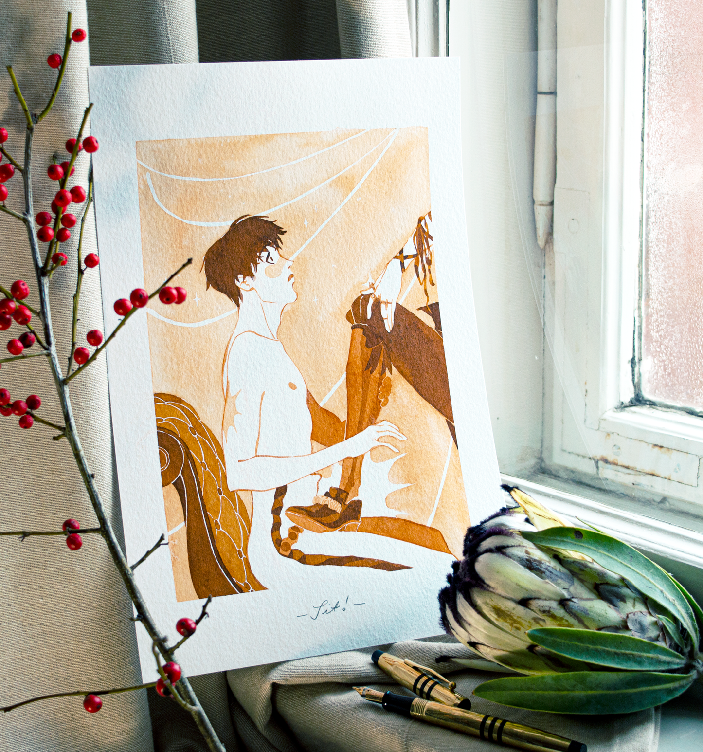 'Sit!', this is an order from your superior. This illustration is an original art work make with ink on paper, created for kinktober 2022 starring the main characters of the webcomic Little Starling by Pearl See.