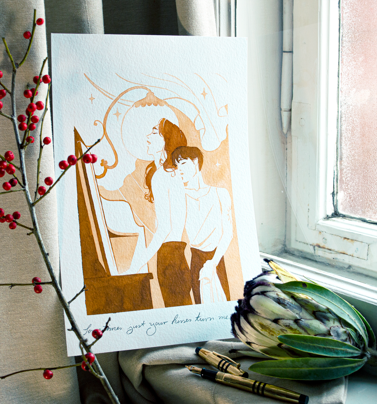 'Sometimes just your kisses turn me on.', Vince gently caresses Zazu in passing. This illustration is an original art work make with ink on paper, created for kinktober 2022 starring the main characters of the webcomic Little Starling by Pearl See.