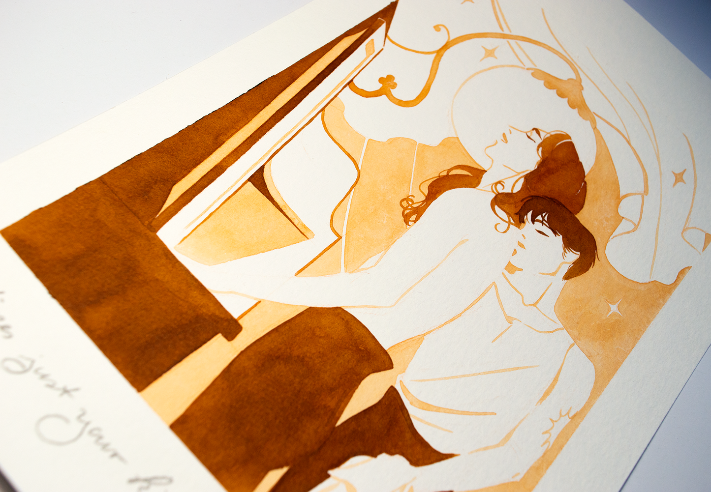 'Sometimes just your kisses turn me on.', Vince gently caresses Zazu in passing. This illustration is an original art work make with ink on paper, created for kinktober 2022 starring the main characters of the webcomic Little Starling by Pearl See, close-up.