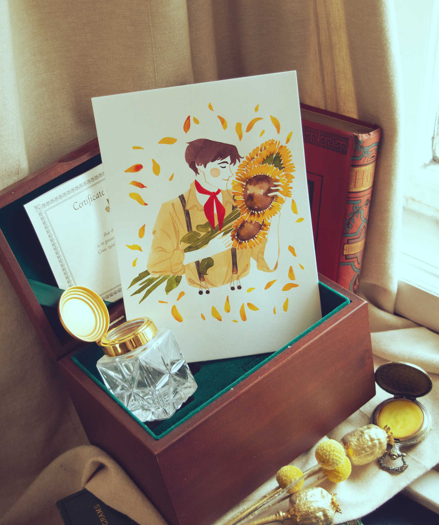 Vince has his favourite flowers in his arm. This illustration is an original art work make with ink on paper, starring the main characters of the webcomic Little Starling by Pearl See.