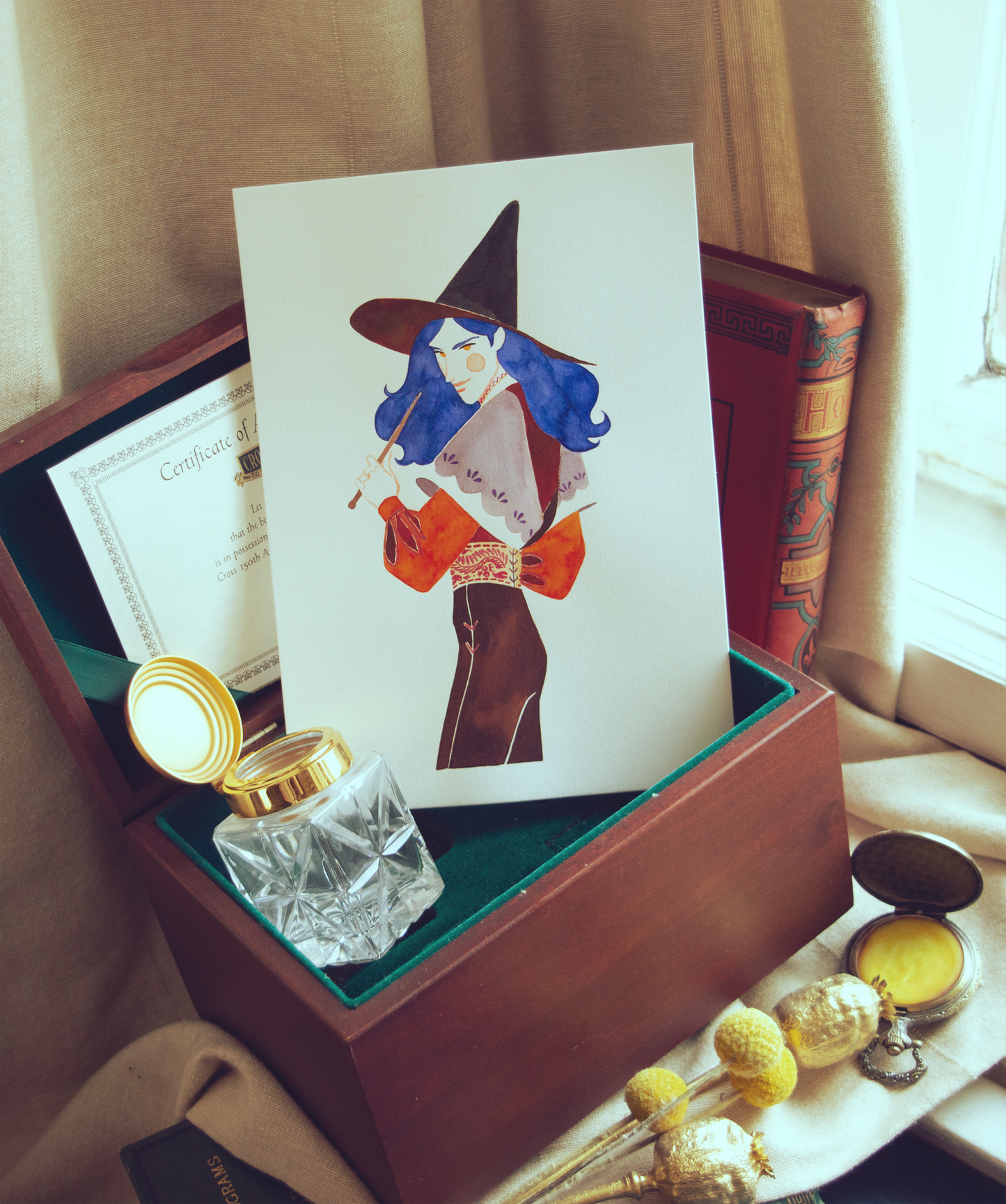 Zazu, the blue wizard, deciding if he should bewitch you or not. This illustration is an original art work make with ink on paper, starring the main characters of the webcomic Little Starling by Pearl See.