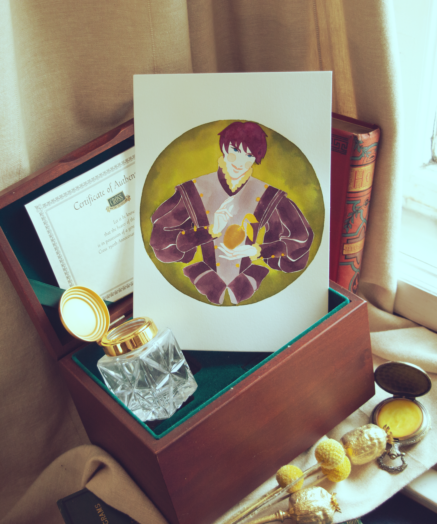 Vince in Tudor garments offering you a magical fruit. This illustration is an original art work make with ink and gold highlights on paper, starring the main characters of the webcomic Little Starling by Pearl See.