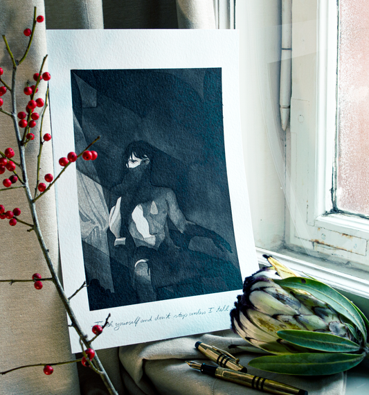 'Touch yourself and don't stop unless I tell you.', Vince's request for a prive backstage show. This illustration is an original art work make with ink on paper, created for kinktober 2022 starring the main characters of the webcomic Little Starling by Pearl See.