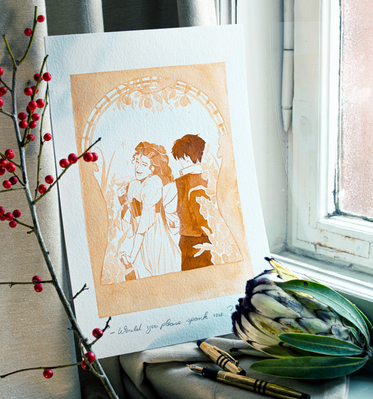 'Would you please spank me?' Is all Zazu's glance at Vince tells. This illustration is an original art work make with ink on paper, created for kinktober 2022 starring the main characters of the webcomic Little Starling by Pearl See.