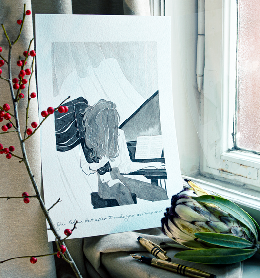 'You behave best after I make your ass nice and red.' A firm reprimanding inbetween piano lessons. This illustration is an original art work make with ink on paper, created for kinktober 2022 starring the main characters of the webcomic Little Starling by Pearl See.