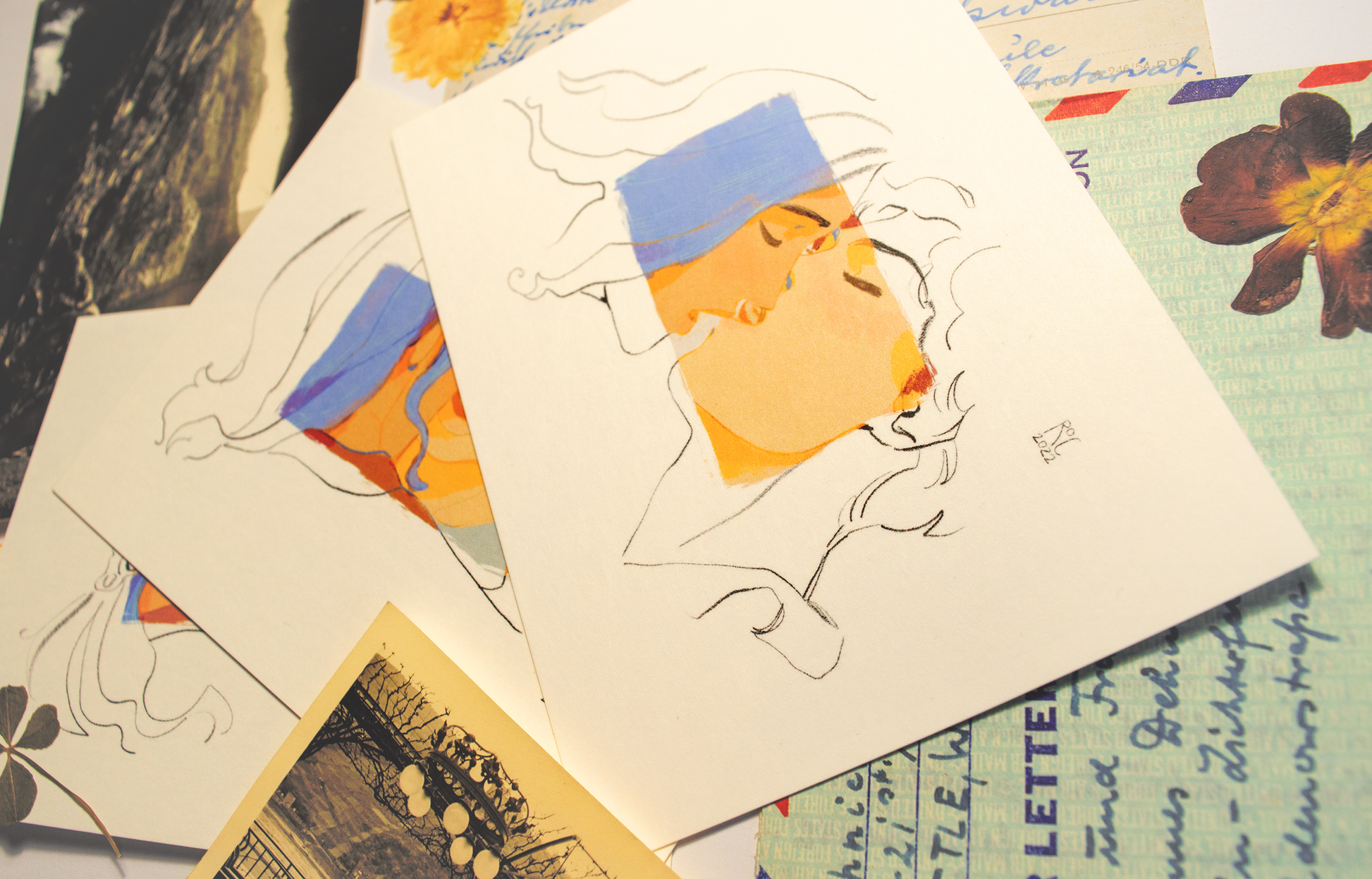 A set with three cards of Vince and Zazu (almost) kissing.  This  illustrations is a digital print that starrs the main characters of the webcomic Little Starling by Pearl See.