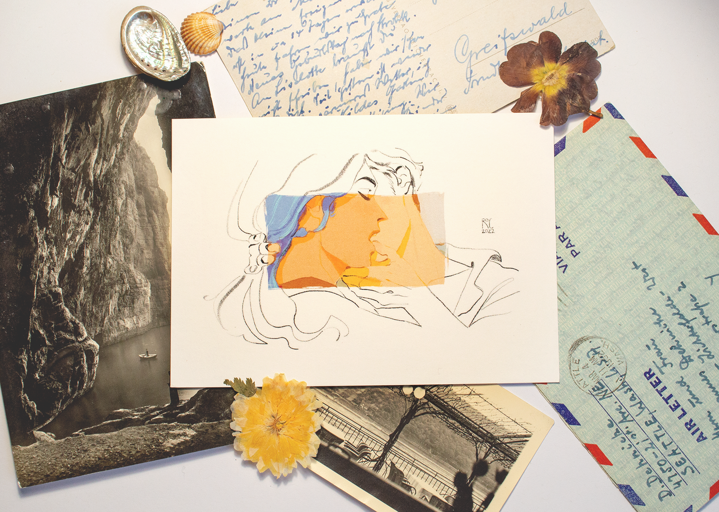 One card of a set of three of Vince and Zazu (almost) kissing.  This  illustrations is a digital print that starrs the main characters of the webcomic Little Starling by Pearl See.