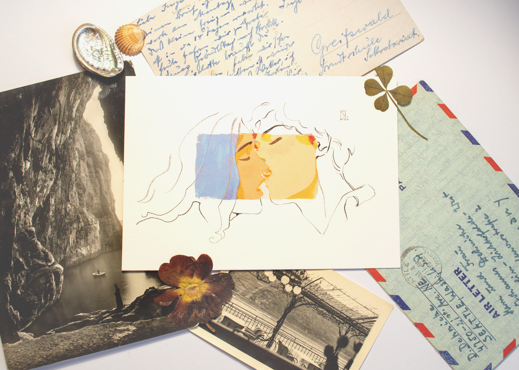 One card of a set of three of Vince and Zazu (almost) kissing.  This  illustrations is a digital print that starrs the main characters of the webcomic Little Starling by Pearl See.