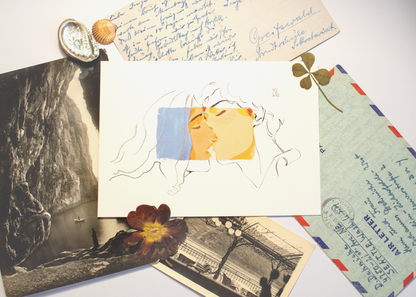 One card of a set of three of Vince and Zazu (almost) kissing.  This  illustrations is a digital print that starrs the main characters of the webcomic Little Starling by Pearl See.