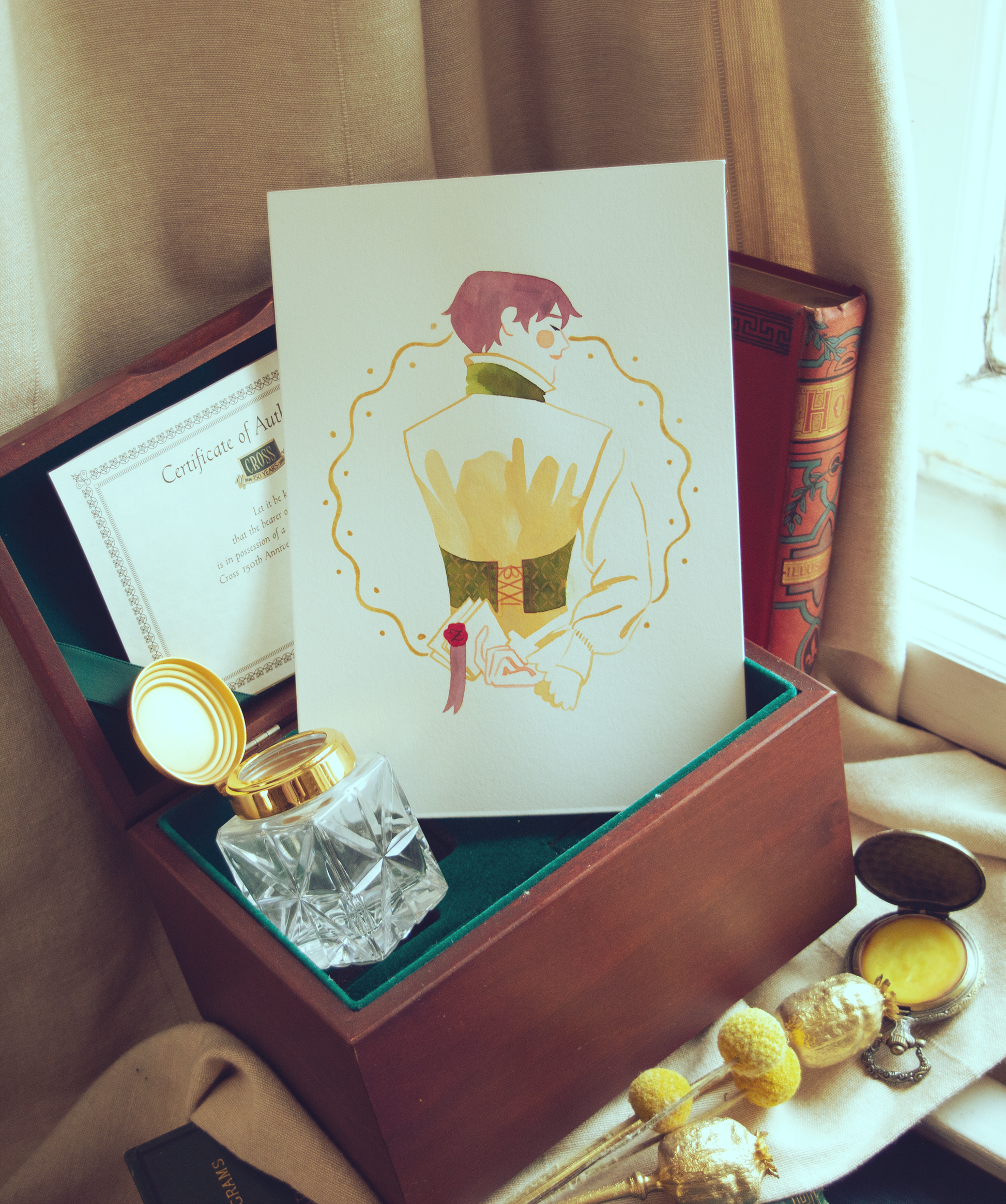 Vince is happe to have received a a letter from a mysterious someone... Ink on paper with gold details. This illustration is an original art work make with ink on paper, starring the main characters of the webcomic Little Starling by Pearl See.