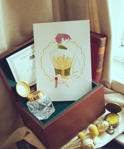 Vince is happe to have received a a letter from a mysterious someone... Ink on paper with gold details. This illustration is an original art work make with ink on paper, starring the main characters of the webcomic Little Starling by Pearl See.