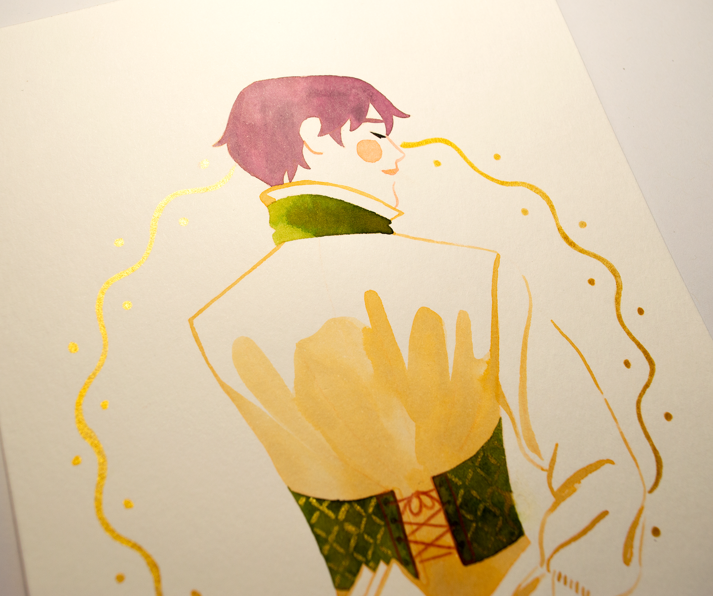 Vince is happe to have received a a letter from a mysterious someone... Ink on paper with gold details. This illustration is an original art work make with ink on paper, starring the main characters of the webcomic Little Starling by Pearl See, close-up.