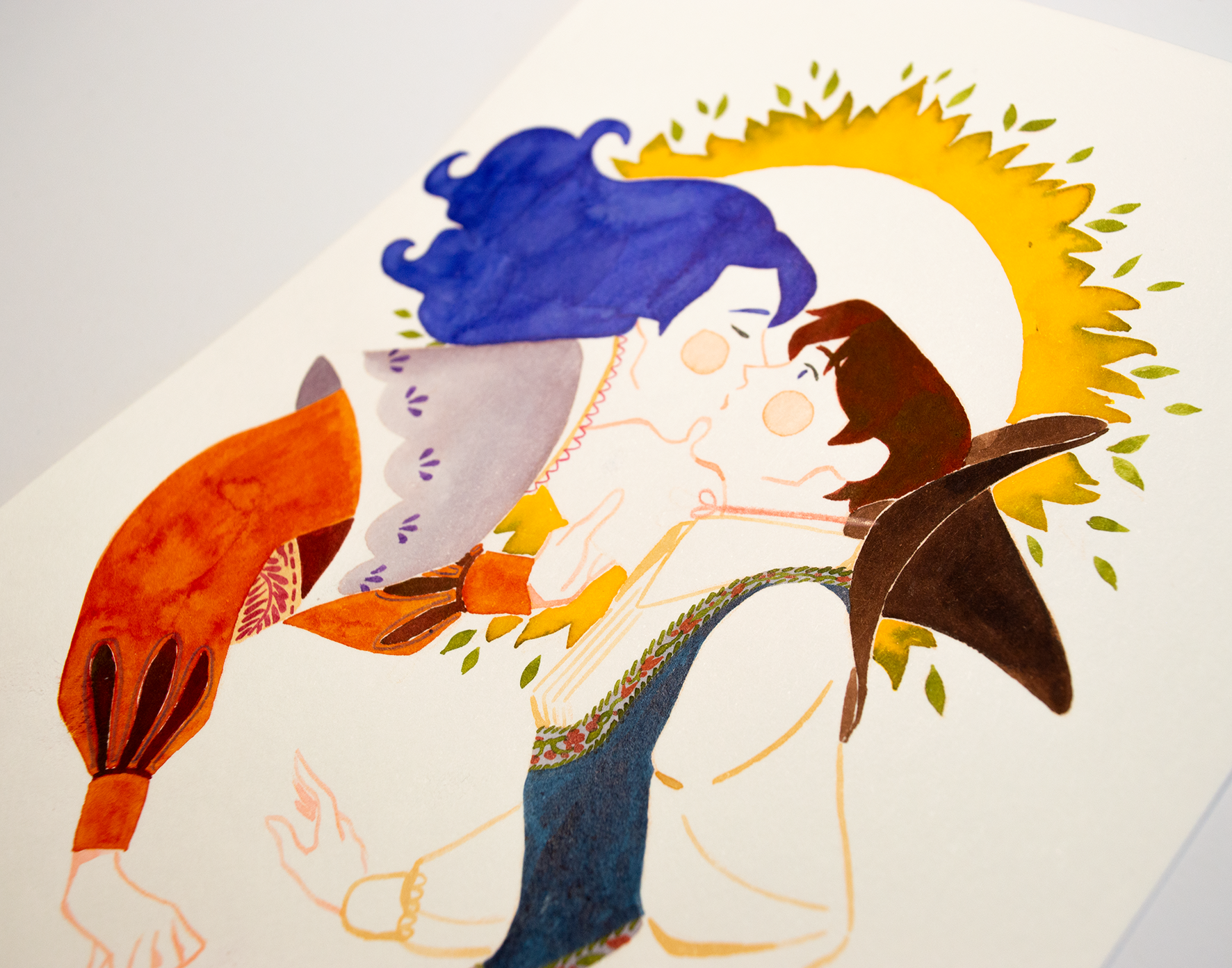 Behind his hat, one wizard kisses another. This illustration is an original art work make with ink on paper, starring the main characters of the webcomic Little Starling by Pearl See, close-up.