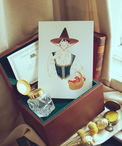 A young wizard flaunts his latest acquisition. This illustration is an original art work make with ink on paper, starring the main characters of the webcomic Little Starling by Pearl See.