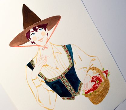 A young wizard flaunts his latest acquisition. This illustration is an original art work make with ink on paper, starring the main characters of the webcomic Little Starling by Pearl See, close-up.