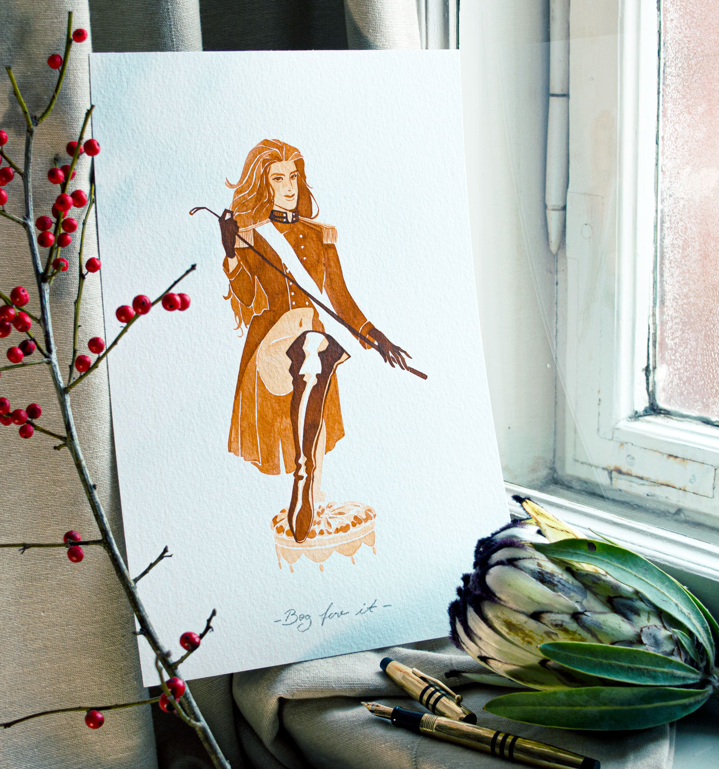 'Beg for it.' an original art work make with ink on paper, created for kinktober 2022 starring the main characters of the webcomic Little Starling by Pearl See. It shows Zazu wearing a military coat an holding a whip.