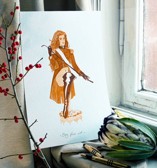 'Beg for it.' an original art work make with ink on paper, created for kinktober 2022 starring the main characters of the webcomic Little Starling by Pearl See. It shows Zazu wearing a military coat an holding a whip.