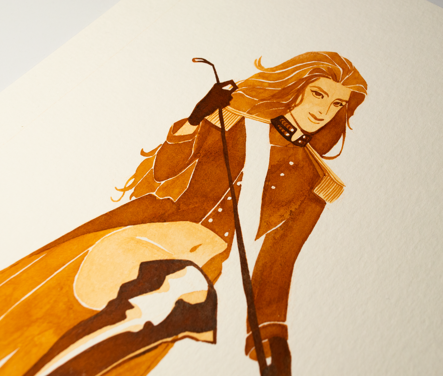 'Beg for it.' an original art work make with ink on paper, created for kinktober 2022 starring the main characters of the webcomic Little Starling by Pearl See. It shows Zazu wearing a military coat an holding a whip, close-up.