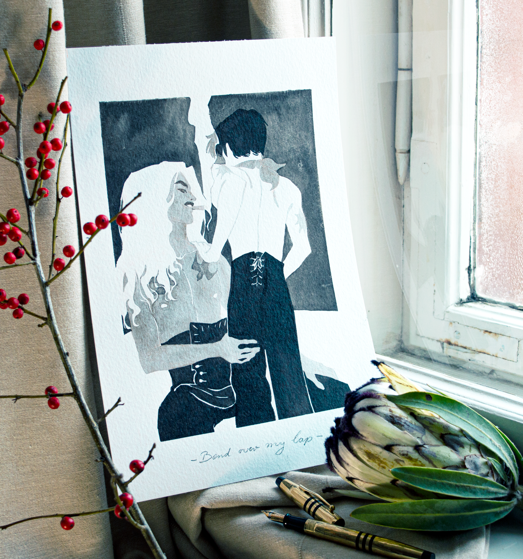 'Bend over my lap.' an original art work make with ink on paper, created for kinktober 2022 starring the main characters of the webcomic Little Starling by Pearl See. It shows Zazu handling Vince in costumes of the opera Billy Budd.