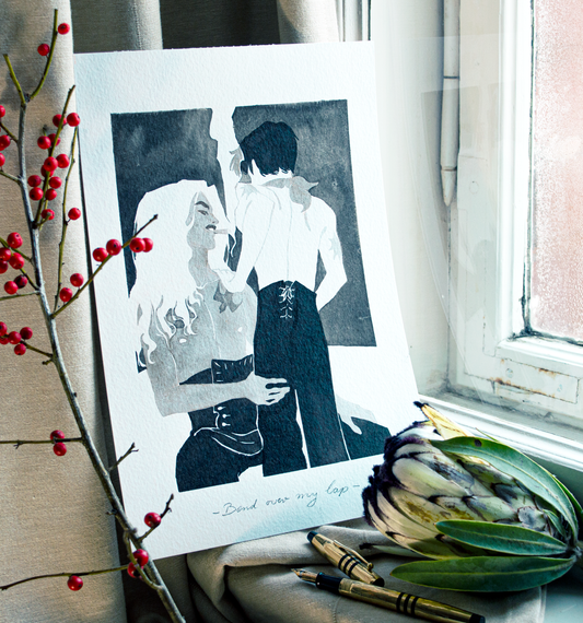 'Bend over my lap.' an original art work make with ink on paper, created for kinktober 2022 starring the main characters of the webcomic Little Starling by Pearl See. It shows Zazu handling Vince in costumes of the opera Billy Budd.