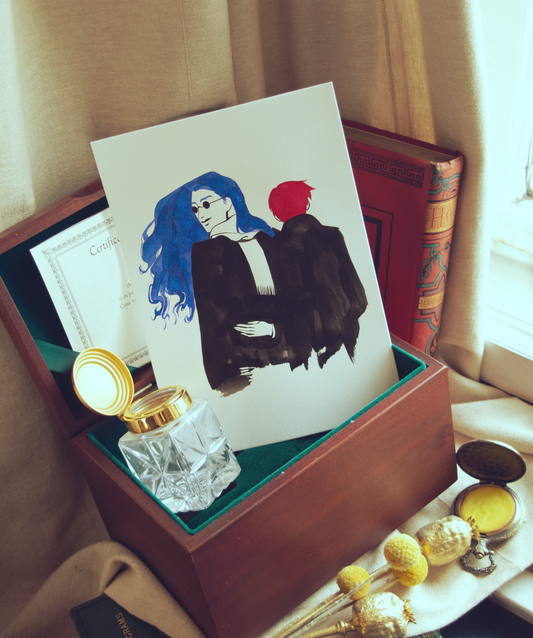 Zazu glances back at us, happy to have someone leading the way. This illustration is an original art work make with ink on paper, starring the main characters of the webcomic Little Starling by Pearl See.