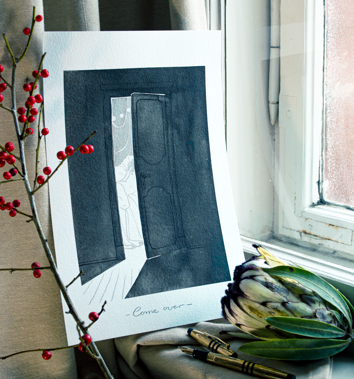 'Come over.' an original art work make with ink on paper, created for kinktober 2022 starring the main characters of the webcomic Little Starling by Pearl See. It shows a door cracked open  and inside the light filled room Zazu is waiting for someone.