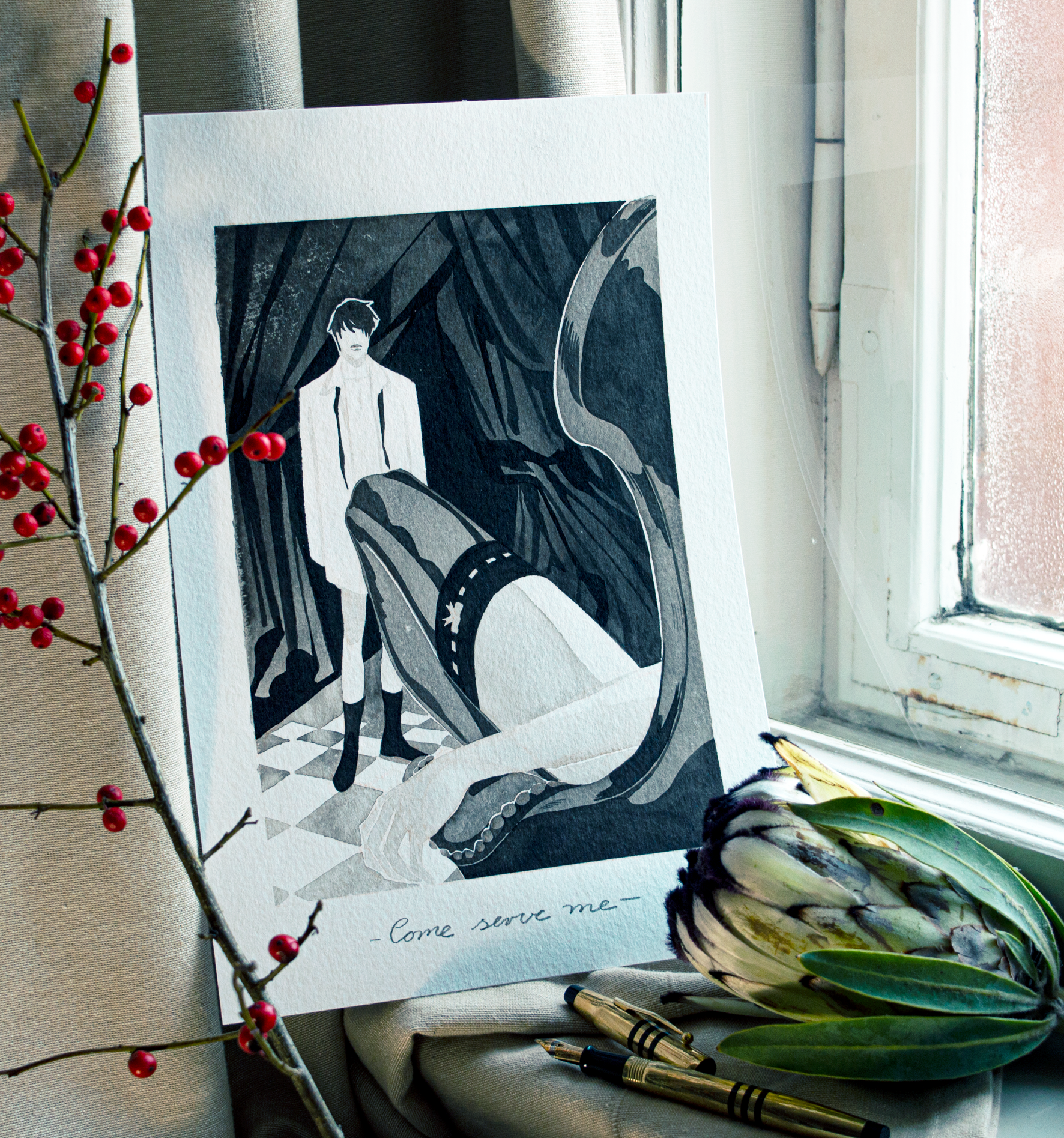 'Come serve me.' an original art work make with ink on paper, created for kinktober 2022 starring the main characters of the webcomic Little Starling by Pearl See. It shows Vince watching as Zazu presents himself in stockings.