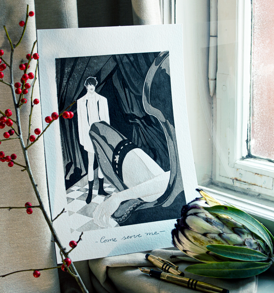 'Come serve me.' an original art work make with ink on paper, created for kinktober 2022 starring the main characters of the webcomic Little Starling by Pearl See. It shows Vince watching as Zazu presents himself in stockings.