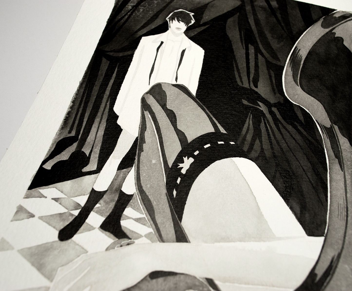 'Come serve me.' an original art work make with ink on paper, created for kinktober 2022 starring the main characters of the webcomic Little Starling by Pearl See. It shows Vince watching as Zazu presents himself in stockings, close-up.