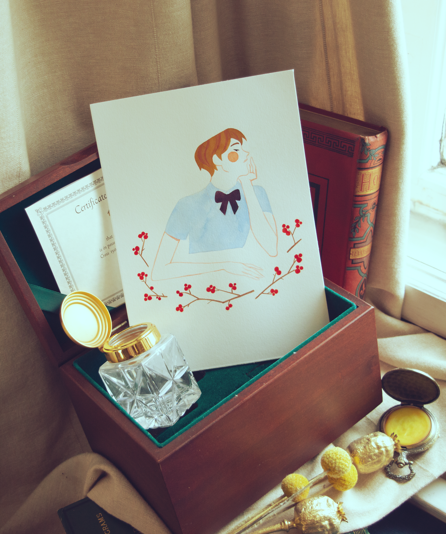 Vince is deep in thoughts in between branches with red berries. This illustration is an original art work make with ink on paper, starring the main characters of the webcomic Little Starling by Pearl See.